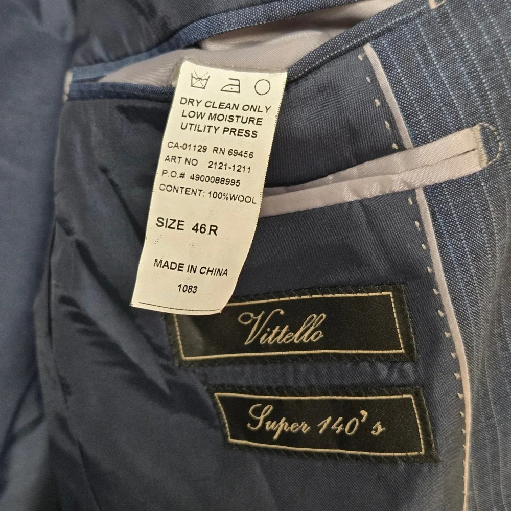 Vittello Super 140s Navy Pinstripe Sport Coat Blazer 46R Peak Lapel 2 Button